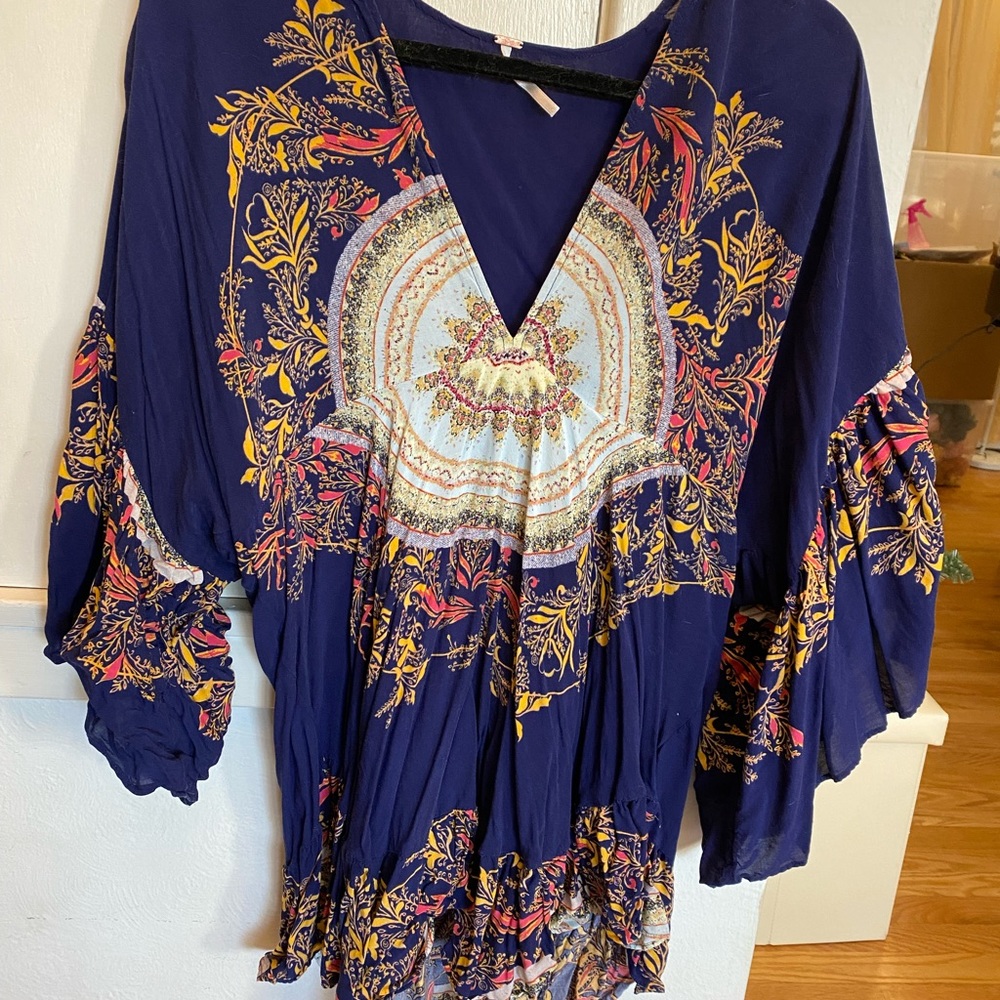 Blue cobalt free people bell sleeve tunic patterned medium